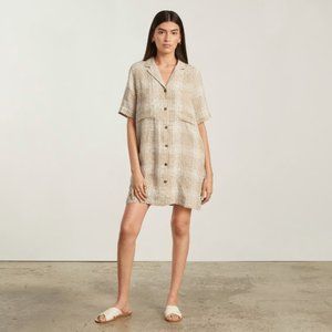 Everlane white tan plaid short sleeve linen workwear dress collared